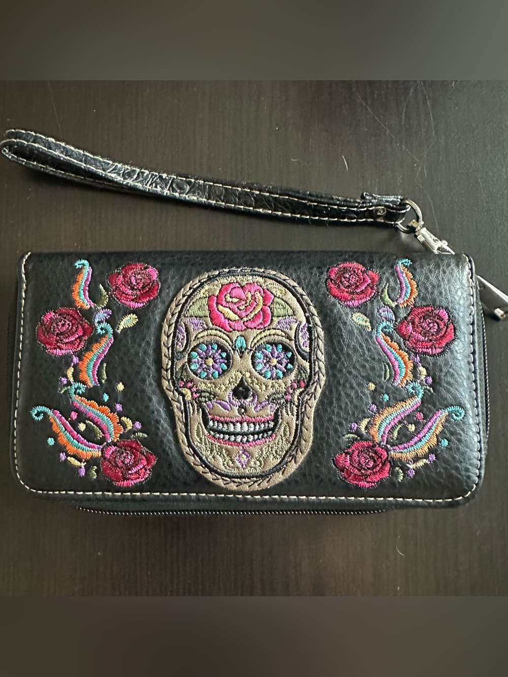Sugar Skull Day of the Dead Embroidered Wallet Wristlet
